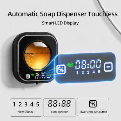 Automatic Soap Dispenser Touchless, Wall Mount, Rechargeable, Mood Lighting | 5 Adjustable Foam Levels, IPX5 Waterproof, LED Clock, 320ML, Hand & Dish Soap for Bathroom Kitchen, Black - color: Foam Black