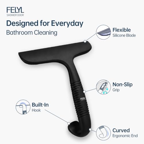 Shower Squeegee for Glass Doors Silicone Black Squeegee with Built-in Hook for Mirror, Window, Tile Wall & Car, All-in-One