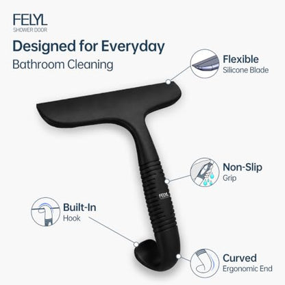 Shower Squeegee for Glass Doors Silicone Black Squeegee with Built-in Hook for Mirror, Window, Tile Wall & Car, All-in-One