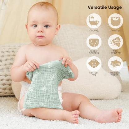 Bearmoss 12 Pack Baby Muslin Washcloths, 100% Cotton 10"x10" Face Towels | Soft Absorbent Bath Wash Cloths and Burp Cloths for Newborn Infants Kids Girls & Boys (Green Elephant) - color: Green Elephant