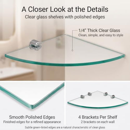 Kingrol 3 Pack Drill-Mounted Glass Corner Shower Shelves, 9-3/8 Inch | 3 Separate Shelves for True 90° Corners, 4 Brackets Per Shelf, Approx. 9.75-Inch Installed Corner Depth