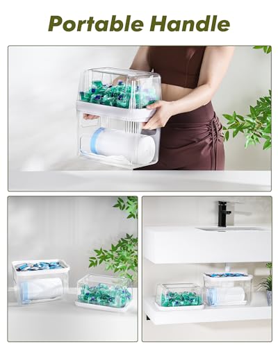 iCASA Trash Bag Dispenser Dishwasher Pods Container Under Sink Organizer | 3 in 1 Stackable Trash Bag Holder Garbage Bag Dispenser for 13/30/33 Gallon Bags, Clear Storage Bins Laundry Pods Container