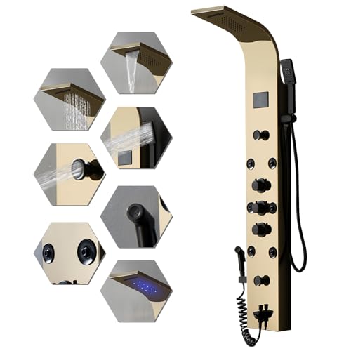 BWE Shower Panel Tower 304 Stainless Steel with 6 Body Jets and 2 Mist Sprays Polished Gold Rainfall Shower and Handheld Shower Shower System with Temperature Digital Display - color: Gold