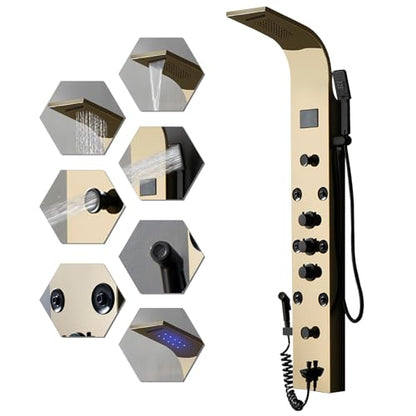 BWE Shower Panel Tower 304 Stainless Steel with 6 Body Jets and 2 Mist Sprays Polished Gold Rainfall Shower and Handheld Shower Shower System with Temperature Digital Display - color: Gold