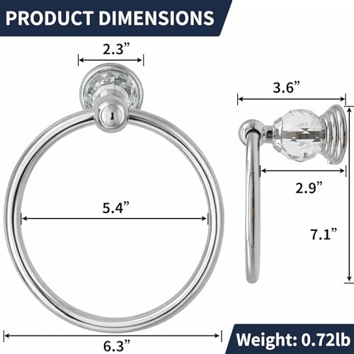 Silver Towel Ring with Crystal, Round Hand Towel Holder for Bathroom | Wall Mounted Stainless Steel Hand Towel Rack, Polished Silver Rustproof Bath Hardware, Fits Modern Luxury Home Kitchen Hotel - color: Silver Towel Ring