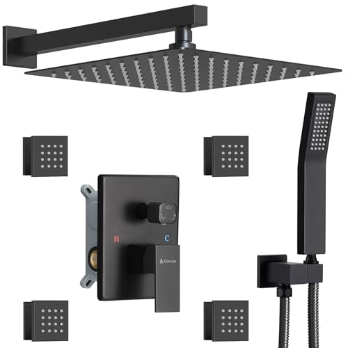 Full Body Rain Shower System with 4 Body Shower Jets & 12’’ Wall Mount Rainfall Shower Head & Handheld, DASAN Multi Shower Head System Matte Black Rain Shower Faucets sets Combo with Rough-in Valve - color: Matte Black
