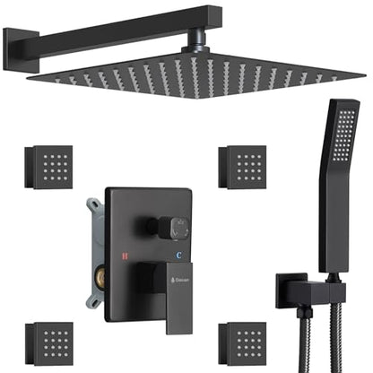 Full Body Rain Shower System with 4 Body Shower Jets & 12’’ Wall Mount Rainfall Shower Head & Handheld, DASAN Multi Shower Head System Matte Black Rain Shower Faucets sets Combo with Rough-in Valve - color: Matte Black