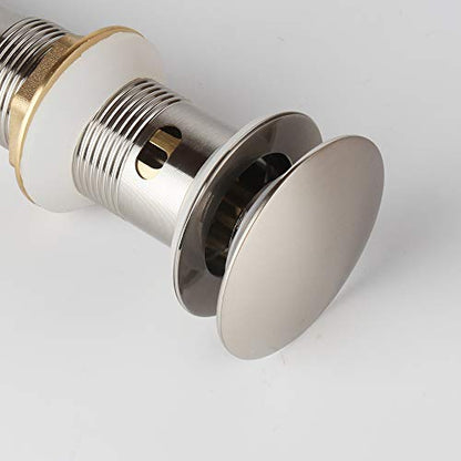 Bathroom Sink Pop Up Drain with Overflow, Strainer, Brushed Nickel | Solid Brass with Detachable Basket Strainer; 7 in. Closed/7.5 in. Open; 1-1/2 in. Min Drain Opening; Push-button Stopper - color: Brushed Nickel, size: Big Popup Cap