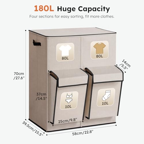 SOLEDI 180L Double Laundry Hamper with Lid and 2 Side Pockets, Dual Hamper | 2 Section Laundry Basket, Removable & Washable Laundry Bags, 180L Large Capacity, for Bedroom, Bathroom, Laundry Room, Dorm - color: Light taupe