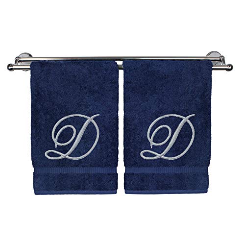Monogrammed Hand Towel, Personalized Gift, 16 x 30 inches - Set of 2 - Silver Embroidered Towel - Extra Absorbent 100% Turkish Cotton- Soft Terry Finish Bathroom, Kitchen Spa- Script D Navy - color: Silver on Navy, style: Initial D