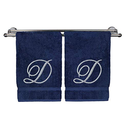 Monogrammed Hand Towel, Personalized Gift, 16 x 30 inches - Set of 2 - Silver Embroidered Towel - Extra Absorbent 100% Turkish Cotton- Soft Terry Finish Bathroom, Kitchen Spa- Script D Navy - color: Silver on Navy, style: Initial D