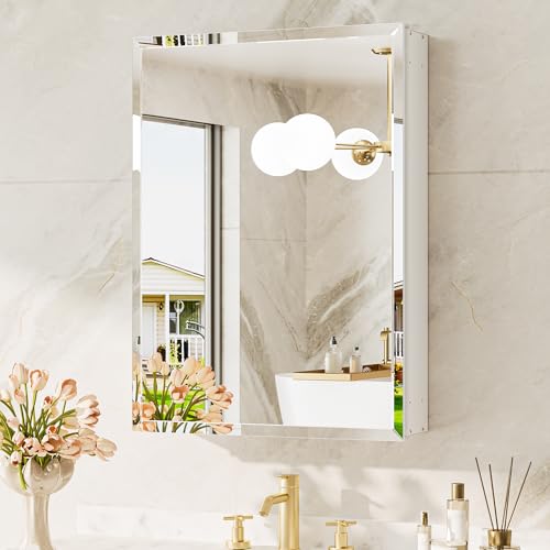 20 x 28 Medicine Cabinet for Bathroom, White Recessed Medicine Cabinet with Tempered Beveled Mirror, Stepless Adjustable Shelves, DTC Hinge, Recessed/Wall Mounted - color: White, size: 20x28 in
