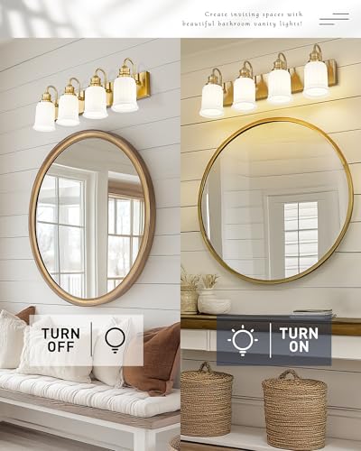 Bathroom Light Fixtures 4-Lights, HWH Brushed Gold Vanity Light Modern Bathroom Vanity Lights Over Mirror, 26'' Antique Brass Vanity Light with Frosted White Bell-Shaped Fluted Glass, 5HZG106B-4W BG - color: Brushed Gold, size: 4-Light