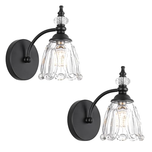 Vintage Black Wall Sconces Set of Two, Matte Black Bathroom Vanity Light Fixtures, G9 Bulbs Bathroom Sconces Set of 2, Glass Wall Lights for Bathroom, Bedroom, Hallway - color: Black, size: 1 light x 2