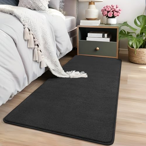 AROGAN Small Area Rugs for Bedroom, 2×4 Non Slip Runner Rug, Black | Washable Fluffy Carpet with Memory Foam, Indoor Rug Runner for Kitchen, Bedside, Entryway Bathroom Home Decor - color: Black, size: 2' x 4' (Runner)