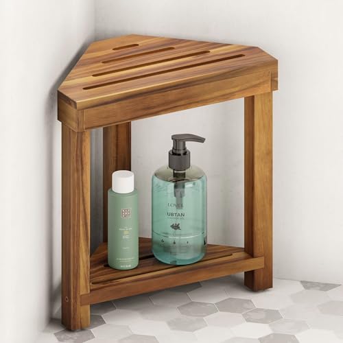 BLUEWEST 16.4 in Corner Shower Stool for Shaving Legs with Storage Shelf | Acacia Wood Shower Foot Rest and Water-Resistant Wooden Bath Seat for Use Inside Small Showers, Bathrooms or Compact Spaces. - color: Acacia