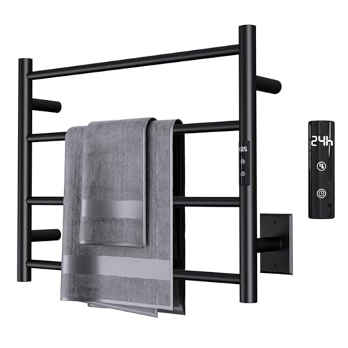 Sharpeye Towel Warmer Rack with 24hr Timer, 4-Bar Matte Black Heated Towel Rack for Bathroom, Plug-in/Hardwired, Electric Towel Warmer with Temperature Controls