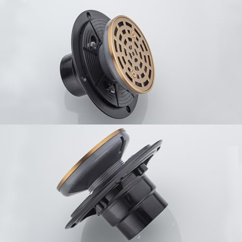 RANDOM Round Shower Drain SUS304 Stainless Steel Champagne Bronze Shower Drain 4 inch with Adjustable PVC Base Flange,Shower Floor Drain with Removable Cover Grid Grate - color: A-champagne Bronze-4″ Round With Base Flange