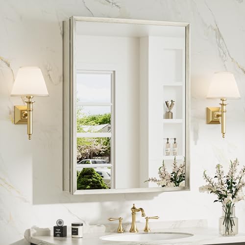 TokeShimi 24 x 32 Brushed Nickel Medicine Cabinet with Mirror, Assembly Required, Bathroom Mirror Medicine Cabinet Wall Mounted, Lightweight, Stepless Adjustable Shelves, Beveled Aluminum Frame - color: Brushed Nickel, size: 24x32 in