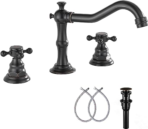 Two Handle Widespread Bathroom Sink Faucet, Oil Rubbed Bronze | Three Holes, 8-16 inch Adjustable, Basin Tap Mixer, Supply Hose Included, Matching Metal Pop Up Drain - color: Bronze, style: Metal Cover