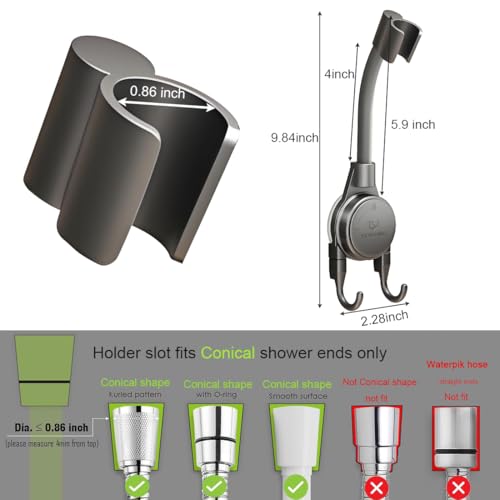 Shower Head Holder, 360° Swivel Adjustable Extra Length Arm, Flexible Wall Mount Shower Hose Holder, Removable Hand Held Shower Bracket with No Drill Suction Cup & Bonus Hook for Bathroom, Kitchen