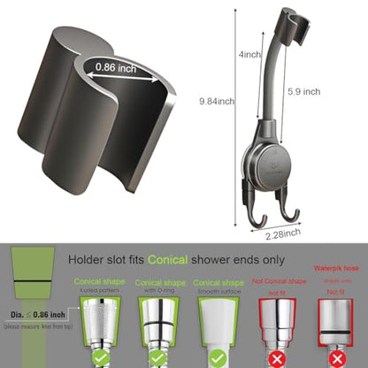 Shower Head Holder, 360° Swivel Adjustable Extra Length Arm, Flexible Wall Mount Shower Hose Holder, Removable Hand Held Shower Bracket with No Drill Suction Cup & Bonus Hook for Bathroom, Kitchen