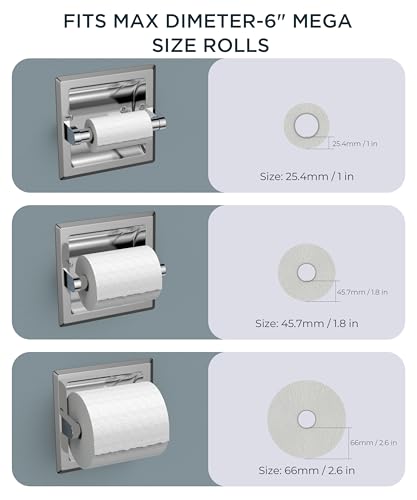 FORIOUS Recessed Toilet Paper Holder for Mega Rolls, Chrome | Stainless Steel Tissue Roll Holder Wall Mount for Bathroom Space-Saving Design, in Wall Toilet Paper Dispenser Insert - color: Chrome