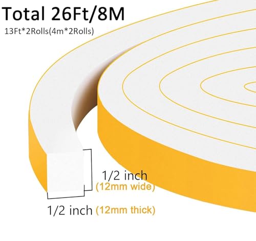 Square Foam Weather Stripping 1/2x1/2in,Strong Adhesive, Large Gaps | Blocks Drafts, Dust, Reduces Noise & Vibration, Single-Sided, Easy Install, Removable, No Residue, Fits Door Frames & Windows - color: White, size: 1/2 In x 1/2 In x 26Ft