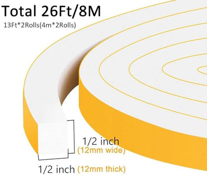 Square Foam Weather Stripping 1/2x1/2in,Strong Adhesive, Large Gaps | Blocks Drafts, Dust, Reduces Noise & Vibration, Single-Sided, Easy Install, Removable, No Residue, Fits Door Frames & Windows - color: White, size: 1/2 In x 1/2 In x 26Ft
