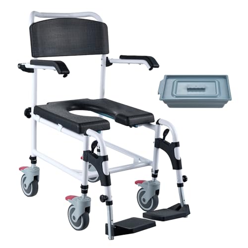 VEVOR Shower Commode Wheelchair with 4 Lockable Wheels, Footrests, Flip-up Arms, 3-Level Adjustable Height, 5L Removable Bucket, 350 LBS Capacity, Commode Chair for Adults Seniors | with 4 Lockable Wheels, Footrests, Flip-up Arms, 3-Level Adjustable Heigh