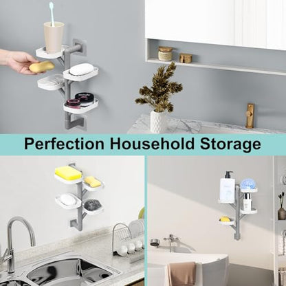 Soap Holder Four Layer Wall Mounted NO-Drilling Rotatable Self-draining Removable Soap Dish for Shower Bathroom Tray,Self Draining Sponge Holder,Razor Holder (White/Gray) - color: White/Gray