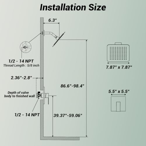 Shower Faucet Set with Valve, 8 Inch Square Rain Shower Head, Matte Black | SUS304 Stainless Steel, Brass Rough-in Valve, Single Handle, Air Pressure Boost, Shower Trim Kit, Male Threads - color: Matte Black