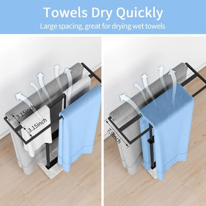 40” Standing Towel Rack, 3 Tier Towel Stand with Marble Base, Black | Stainless Steel Freestanding Towel Racks for Bathroom, Towel Holder Stand for Hanging Multiple Sizes Towels