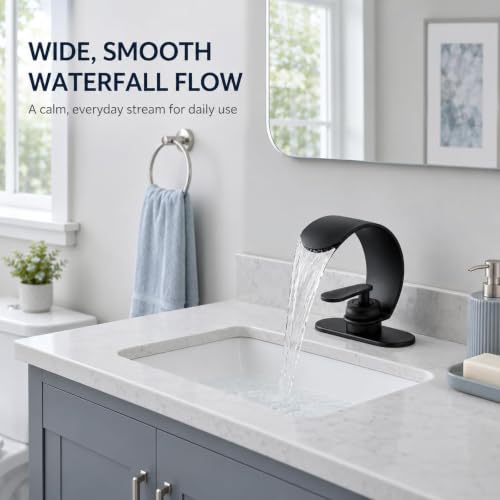 ARSUONTA Matte Black Waterfall Bathroom Sink Faucet, Single Handle, Fits Single-Hole or Compatible 3-Hole Sinks, Easy to Install with Deck Plate, Pop-Up Drain with Overflow and 24-Inch Supply Hoses - color: Black