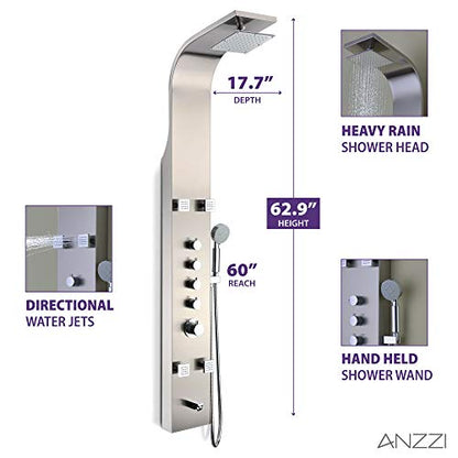 ANZZI Shower Head Panel Tower, Echo Brushed Steel Stainless Steel Metal, 4 | Three 3 Fully Adjustable Acu Stream Body Jets, Euro Grip Handheld Sprayer Has 60 In, Five 5 Easy To Use Control Knobs - color: Stainless Steel, style: 4 Jets