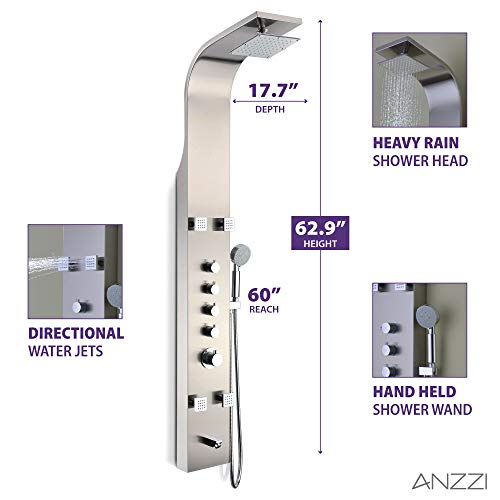 ANZZI Shower Head Panel Tower, Echo Brushed Steel Stainless Steel Metal, 4 | Three 3 Fully Adjustable Acu Stream Body Jets, Euro Grip Handheld Sprayer Has 60 In, Five 5 Easy To Use Control Knobs - color: Stainless Steel, style: 4 Jets