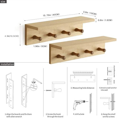 Entrance Coat Rack ，Coat Hooks, Wall-Mounted Wooden Hook Rack, Wall-Mounted Shelves(Oak Color Finish—A-2) - style: Oak color finish—A-2