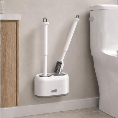 ROOM127 Wall-Mounted 2-in-1 Toilet Brush Set with Holder and Crevice Brush | Curved Under-Rim Bowl Brush with V-Shaped Crevice Scrubber and Long Handles for Tile Gaps, Grout Lines and Bathroom Corners