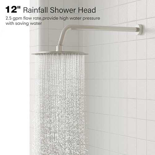Gabrylly Shower System, Slide Bar Shower Faucet Set, 12", Brushed Nickel | Rainfall Shower Head with 5-Setting Handheld Spray, Wall Mounted Shower Set Included 2-Way Shower Valve and Trim Kit - color: Brushed Nickel, size: 12 Inch
