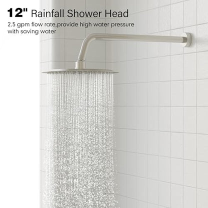 Gabrylly Shower System, Slide Bar Shower Faucet Set, 12", Brushed Nickel | Rainfall Shower Head with 5-Setting Handheld Spray, Wall Mounted Shower Set Included 2-Way Shower Valve and Trim Kit - color: Brushed Nickel, size: 12 Inch