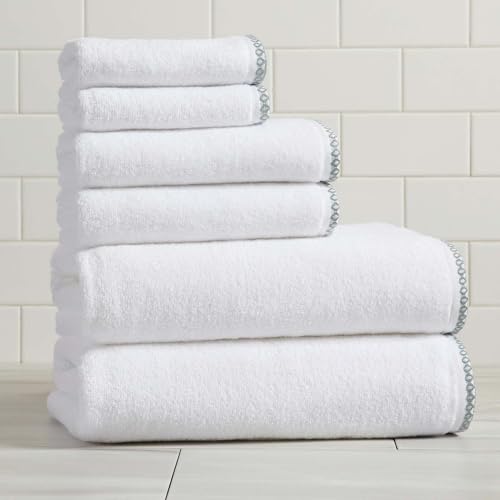 White/Green Bath Towel Set - Ultra-Soft Cotton, Boho-Chic Border Design - 2 Bath Towels, 2 Hand Towels, 2 Washcloths - Absorbent, Quick-Dry, Lightweight Bathroom Towels - color: White / Eucalyptus, size: Set (Pack of 6)