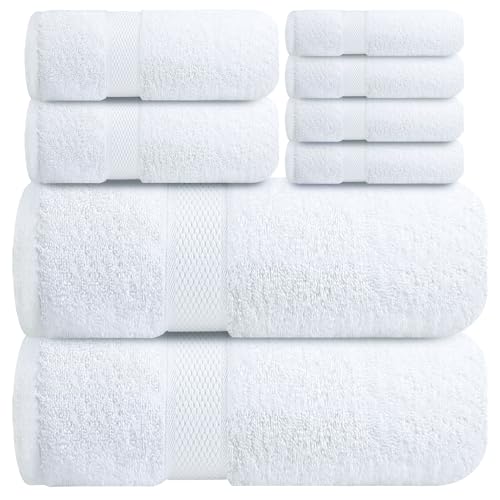 Infinitee Xclusives 100% Cotton Bath Towel Set – 8 Piece Bathroom Towel Set | (2 Bath Towels, 2 Hand Towels, 4 Washcloths) – Soft & Absorbent Towels for Bathroom - Gym, Shower, Spa & Hotel Use - color: Brilliant White, size: Towel set - 8 Pack