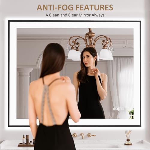 LOAAO 40"X32" LED Bathroom Mirror Black Framed | Anti-Fog, Dimmable, Memory Function, Tempered Glass, Lighted Vanity Mirror for Wall - size: 40"L x 32"W