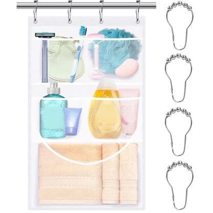 Mesh Shower Caddy Hanging,Hanging Mesh Pockets Shower Curtain Liner Pockets Hanging with Pockets Quick Dry Cruise RV Camper Bathroom Organizer with Shower Curtain Hooks - size: 1 Pack | White