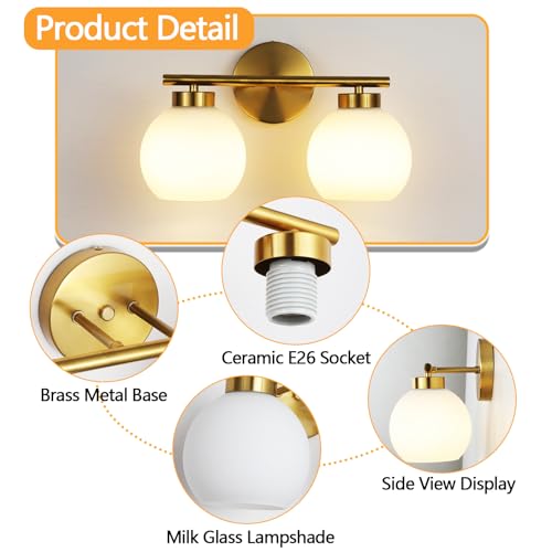 2 Light Bathroom Vanity Light, Gold Bathroom Light Fixtures Over Mirror, Mid Century Modern Wall Sconce with Frosted Globe Glass Shades, Brass Vanity Light, E26 Socket - color: Gold & Milky White Glass, size: 2-Light