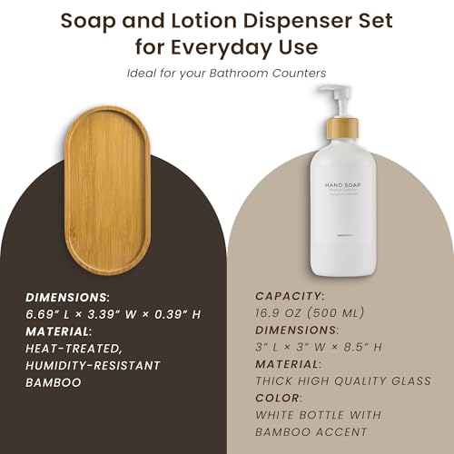 Maisonovo Soap Dispenser Set - White Soap Dispenser White Bamboo Pumps | Glass bottles for body wash, lotion, shampoo or conditioner · Sink, bathroom or countertop · Tray, 16.9 oz each - color: White Bottles White Bamboo Pumps