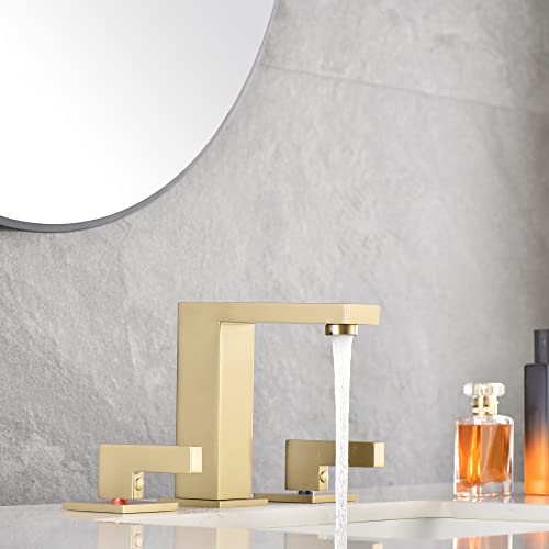 sumerain Brushed Gold 8 Inch Widespread Bathroom Faucet 2 Handle Lavatory Faucet Solid Brass, with Quick Connect Hose - color: Brushed Gold