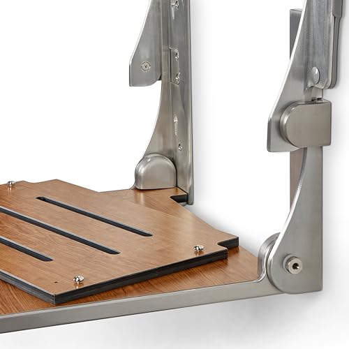 Seachrome Silhouette Comfort Folding Wall Mount Shower Bench Seat with Arms, Rustic Teak Seat with Silver Frame - color: Rustic Teak With Silver Frame