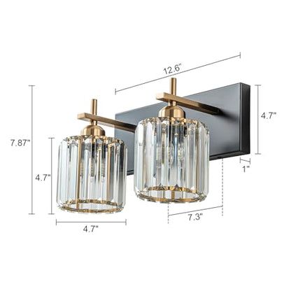 2-Light Crystal Bathroom Vanity Lights, Black Gold Modern Bathroom Light Fixtures Over Mirror Crystal Wall Lighting with Polished Gold Finish - color: Black Gold-Round Shade, size: 2-Light