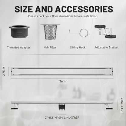 Brushed Nickel Linear Shower Drain,36 inch with Insert Grate | Stainless Steel,Durable Construction,Blocks Insects and Odors,Rapid Drainage,Avoid Standing Shower Water,Easy Clean for Hair - size: 36 Inch